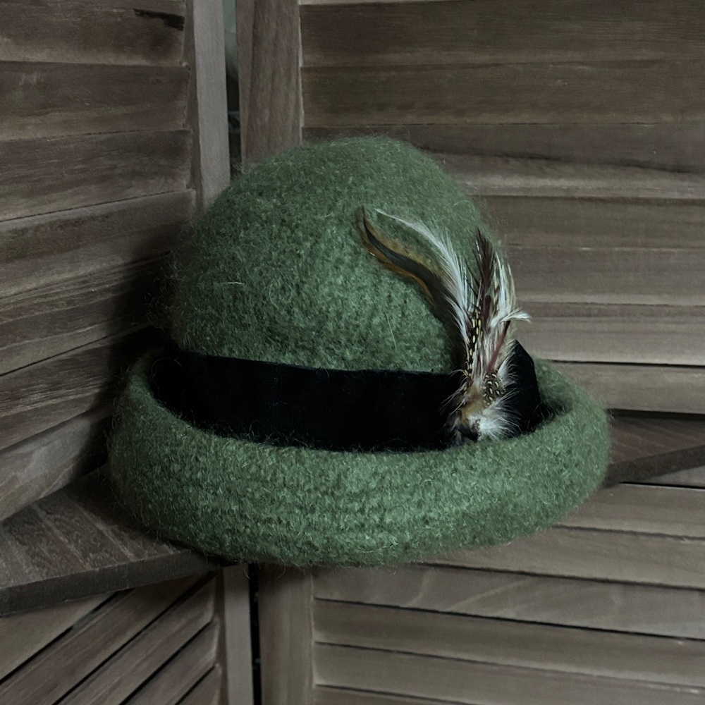Handmade Green Wool Hat with Feather Accent